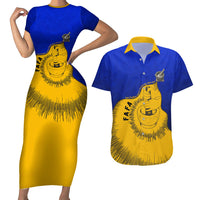 Kosrae Fafa Culinary Heritage Couples Matching Short Sleeve Bodycon Dress and Hawaiian Shirt Kosraean Gold Taro Tradition Illustration With Coconut Leaves TS04 Blue Yellow - Polynesian Pride