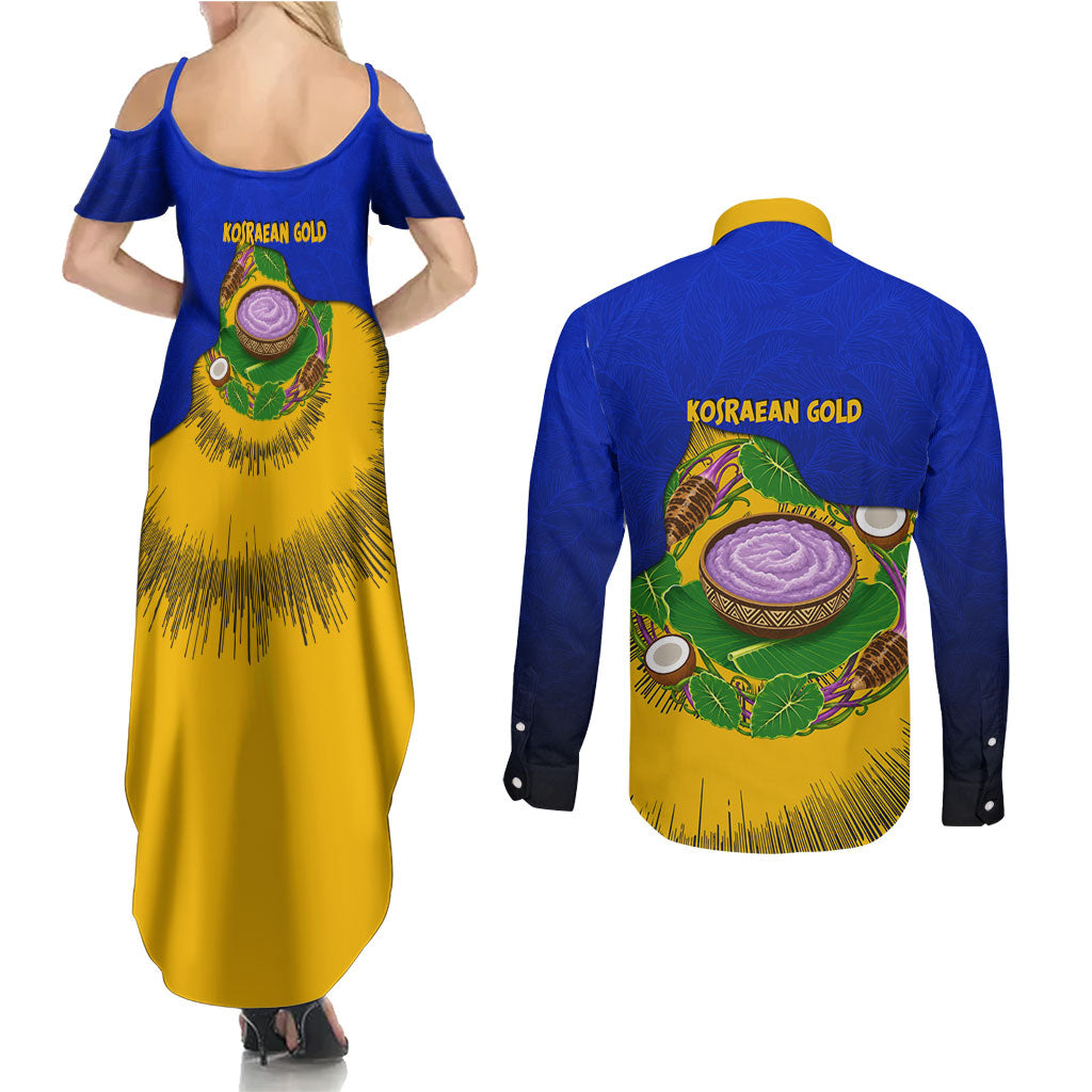 Kosrae Fafa Culinary Heritage Couples Matching Summer Maxi Dress and Long Sleeve Button Shirt Kosraean Gold Taro Tradition Illustration With Coconut Leaves
