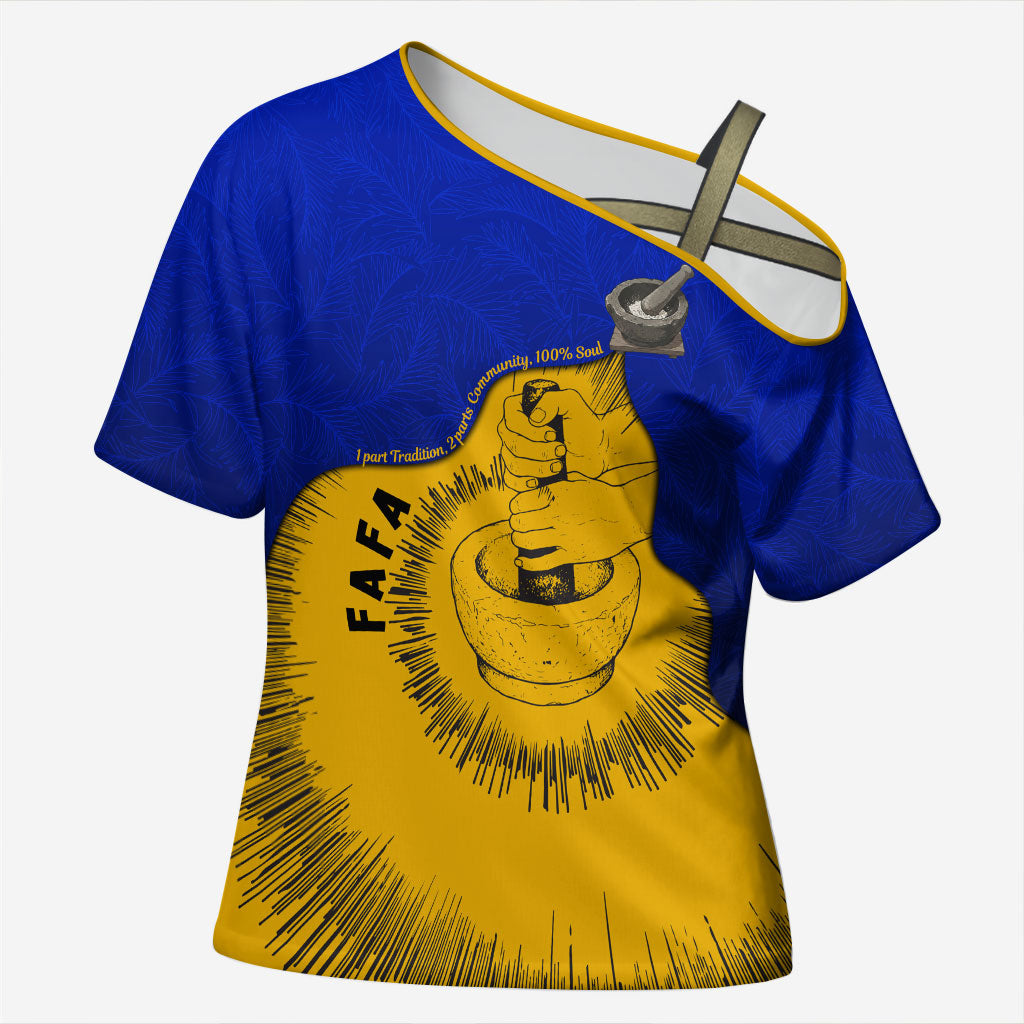 Kosrae Fafa Culinary Heritage Cross Shoulder Shirt Kosraean Gold Taro Tradition Illustration With Coconut Leaves TS04 Female Blue Yellow - Polynesian Pride