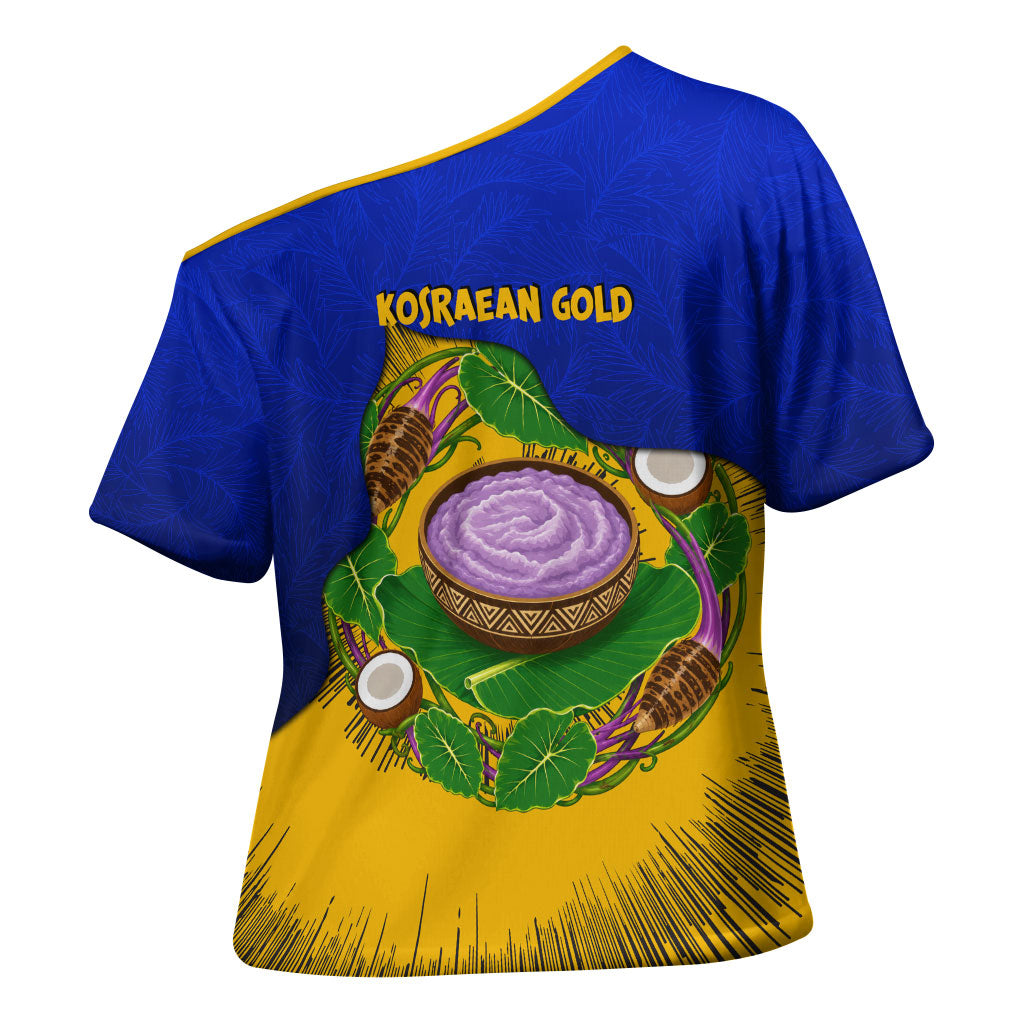 Kosrae Fafa Culinary Heritage Cross Shoulder Shirt Kosraean Gold Taro Tradition Illustration With Coconut Leaves TS04 - Polynesian Pride