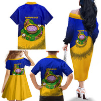Kosrae Fafa Culinary Heritage Family Matching Off The Shoulder Long Sleeve Dress and Hawaiian Shirt Kosraean Gold Taro Tradition Illustration With Coconut Leaves TS04 - Polynesian Pride