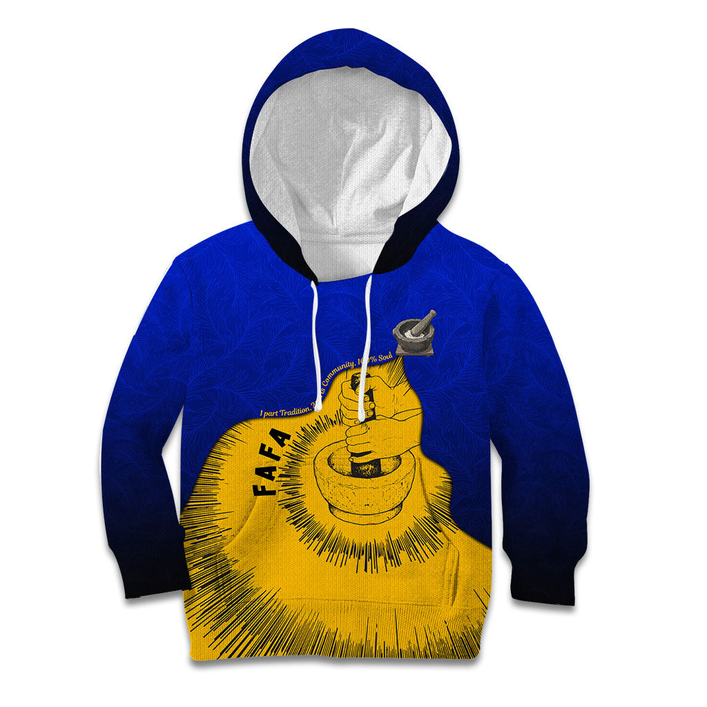 Kosrae Fafa Culinary Heritage Kid Hoodie Kosraean Gold Taro Tradition Illustration With Coconut Leaves TS04 Hoodie Blue Yellow - Polynesian Pride
