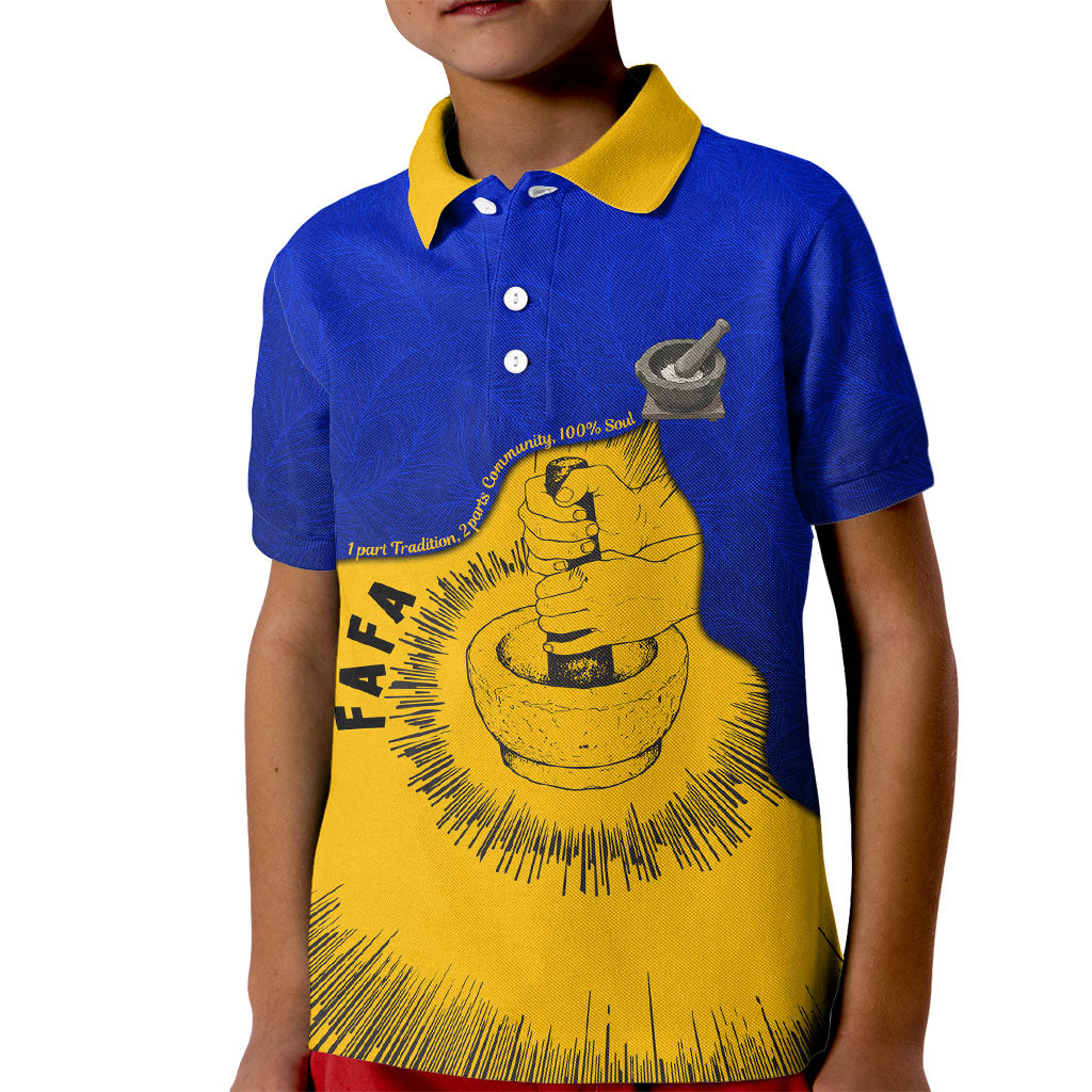 Kosrae Fafa Culinary Heritage Kid Polo Shirt Kosraean Gold Taro Tradition Illustration With Coconut Leaves TS04 Kid Blue Yellow - Polynesian Pride