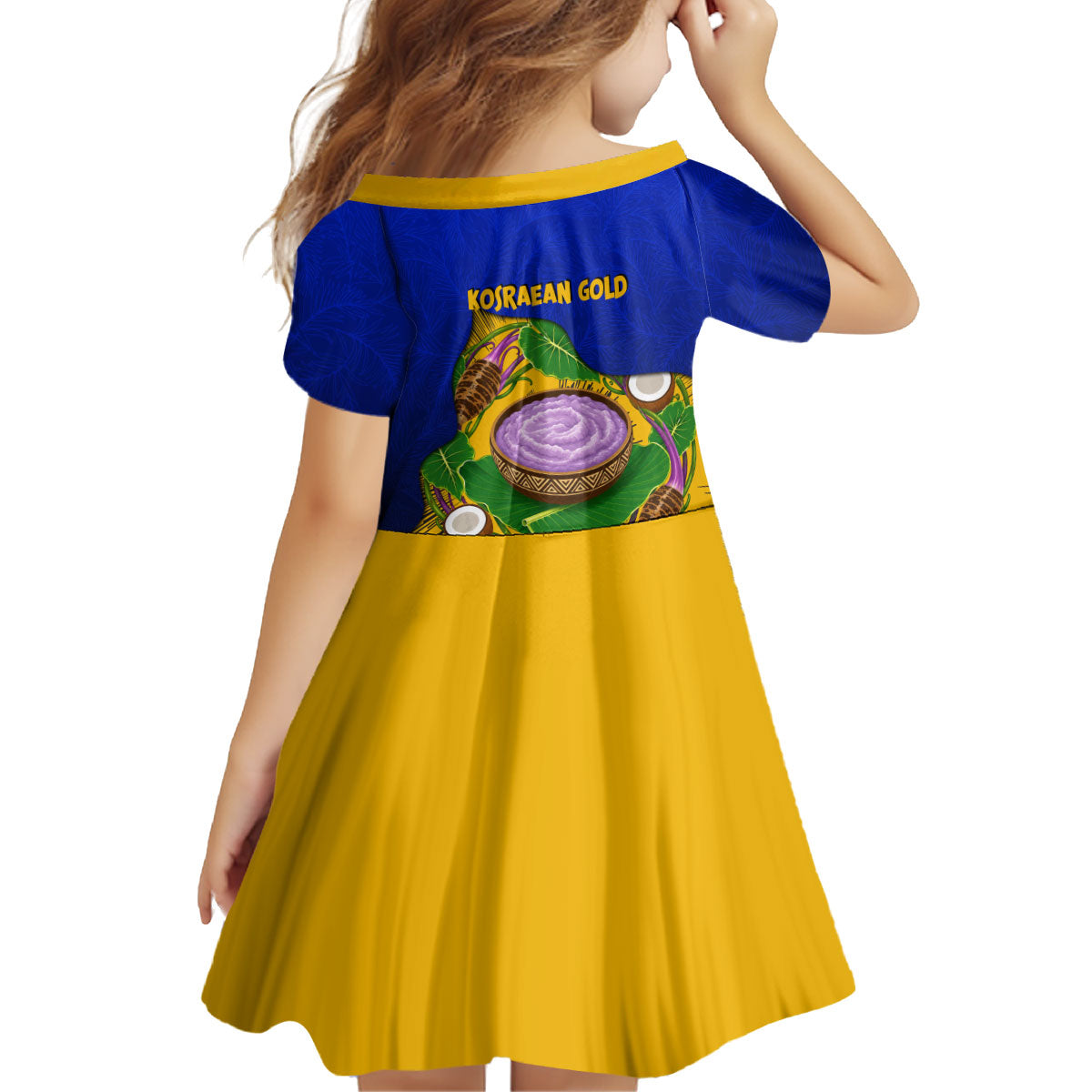 Kosrae Fafa Culinary Heritage Kid Short Sleeve Dress Kosraean Gold Taro Tradition Illustration With Coconut Leaves