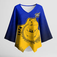 Kosrae Fafa Culinary Heritage Kimono Sleeve Blouse Kosraean Gold Taro Tradition Illustration With Coconut Leaves TS04 Female Blue Yellow - Polynesian Pride