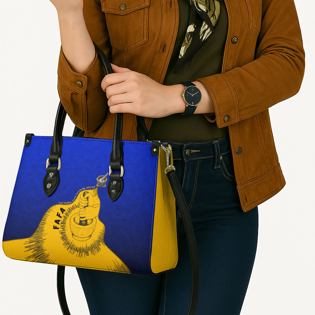 Kosrae Fafa Culinary Heritage Leather Bag Kosraean Gold Taro Tradition Illustration With Coconut Leaves TS04 - Polynesian Pride