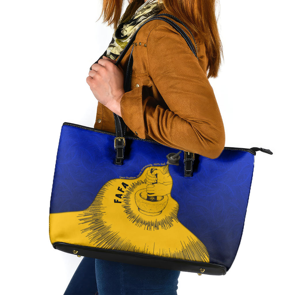 Kosrae Fafa Culinary Heritage Leather Tote Bag Kosraean Gold Taro Tradition Illustration With Coconut Leaves TS04 Blue Yellow - Polynesian Pride