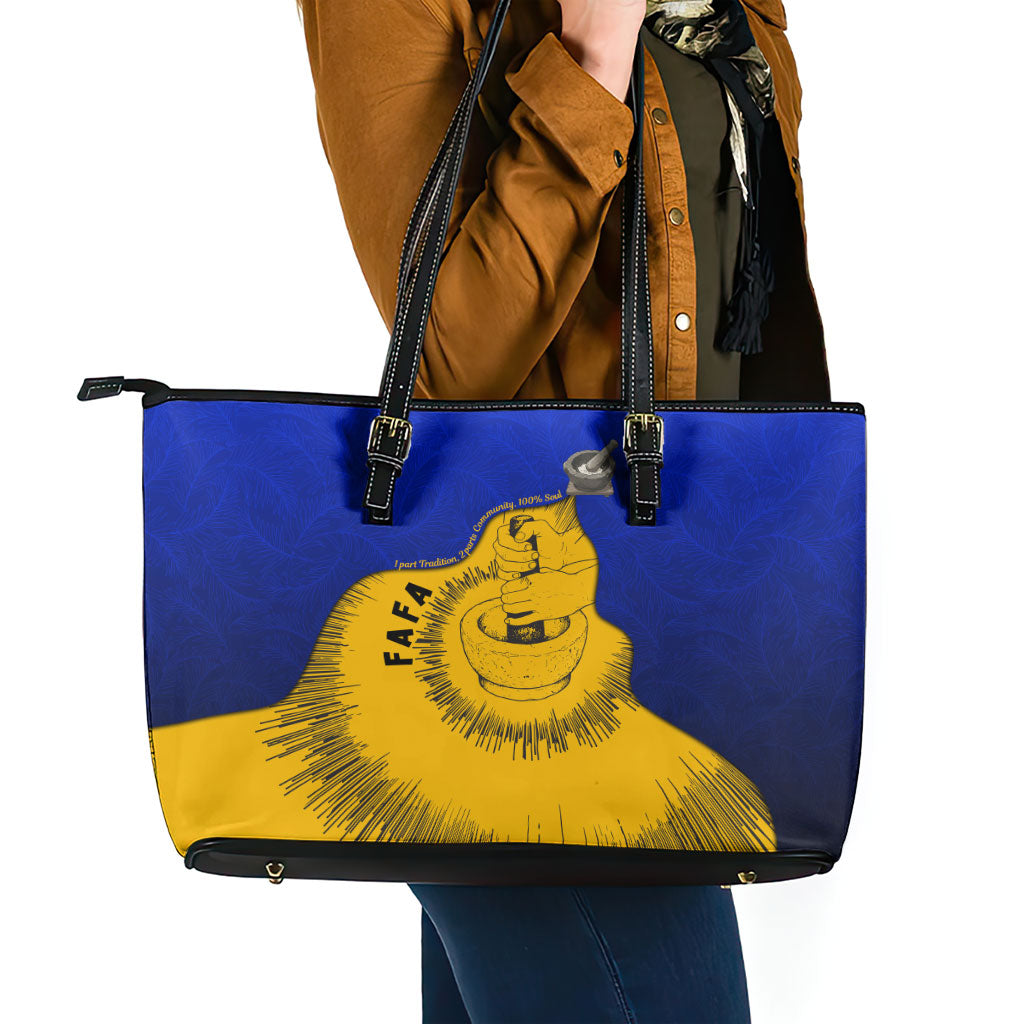 Kosrae Fafa Culinary Heritage Leather Tote Bag Kosraean Gold Taro Tradition Illustration With Coconut Leaves TS04 - Polynesian Pride