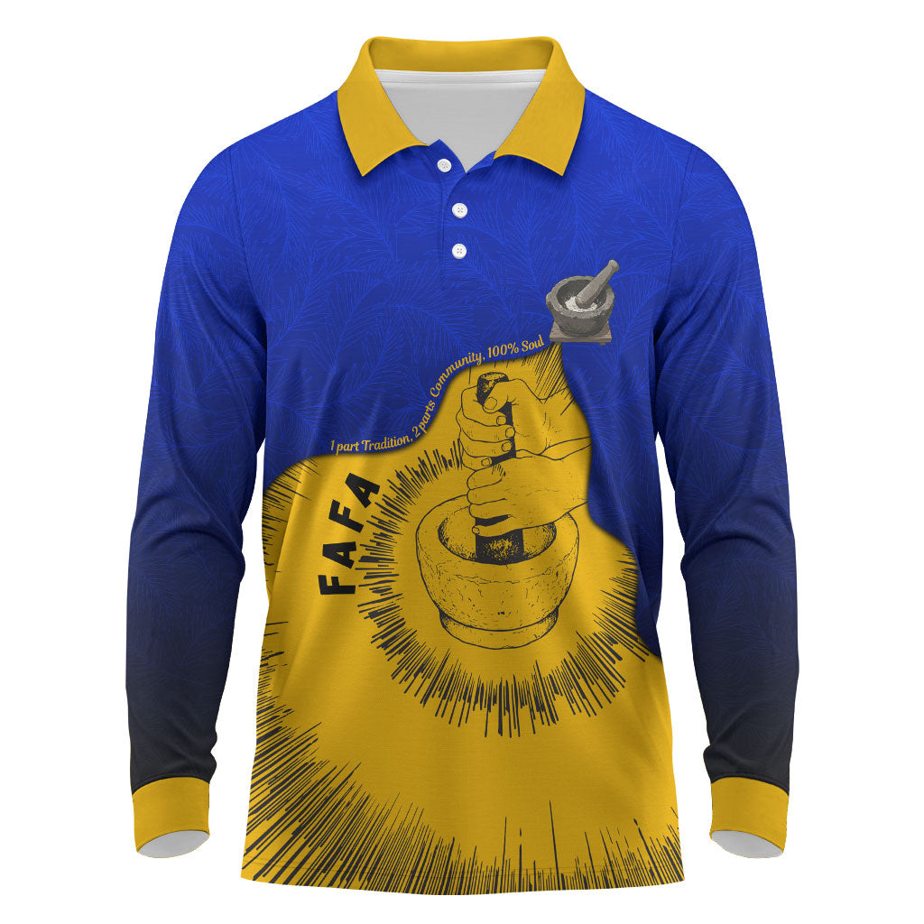 Kosrae Fafa Culinary Heritage Long Sleeve Polo Shirt Kosraean Gold Taro Tradition Illustration With Coconut Leaves TS04 Blue Yellow - Polynesian Pride