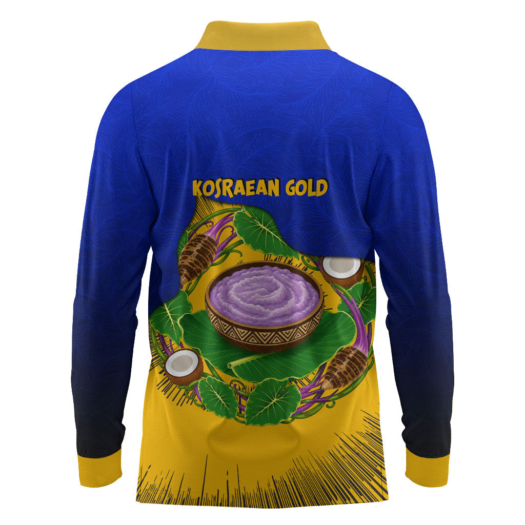 Kosrae Fafa Culinary Heritage Long Sleeve Polo Shirt Kosraean Gold Taro Tradition Illustration With Coconut Leaves