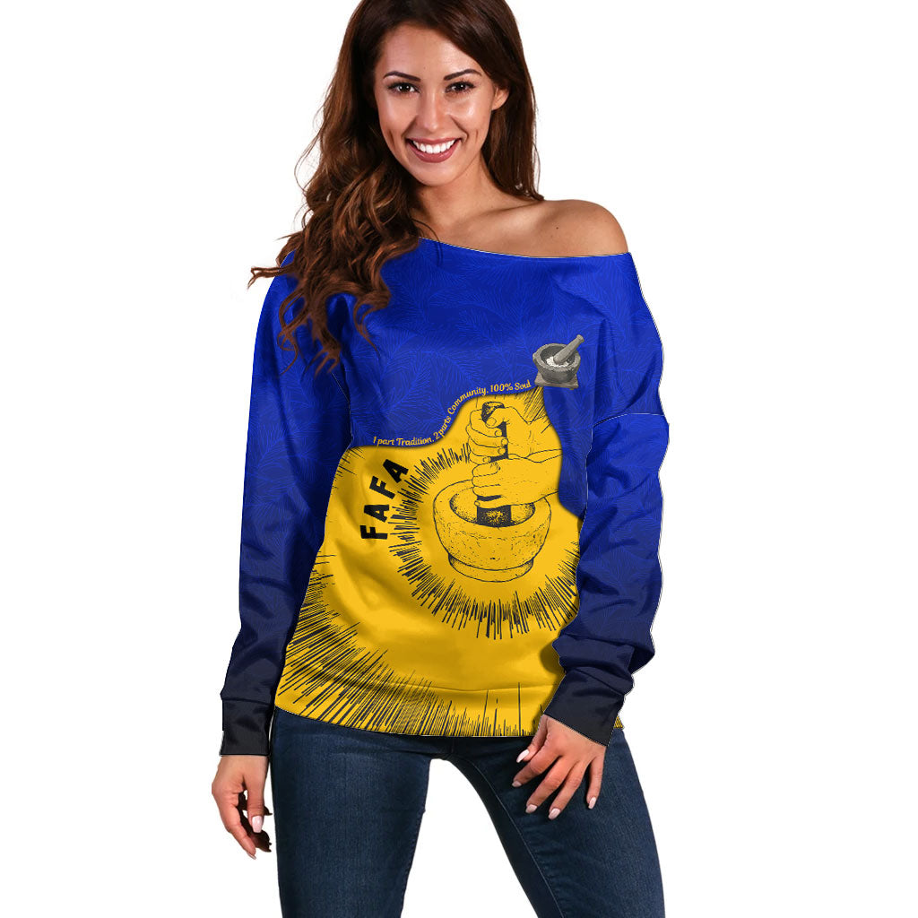 Kosrae Fafa Culinary Heritage Off Shoulder Sweater Kosraean Gold Taro Tradition Illustration With Coconut Leaves TS04 Women Blue Yellow - Polynesian Pride