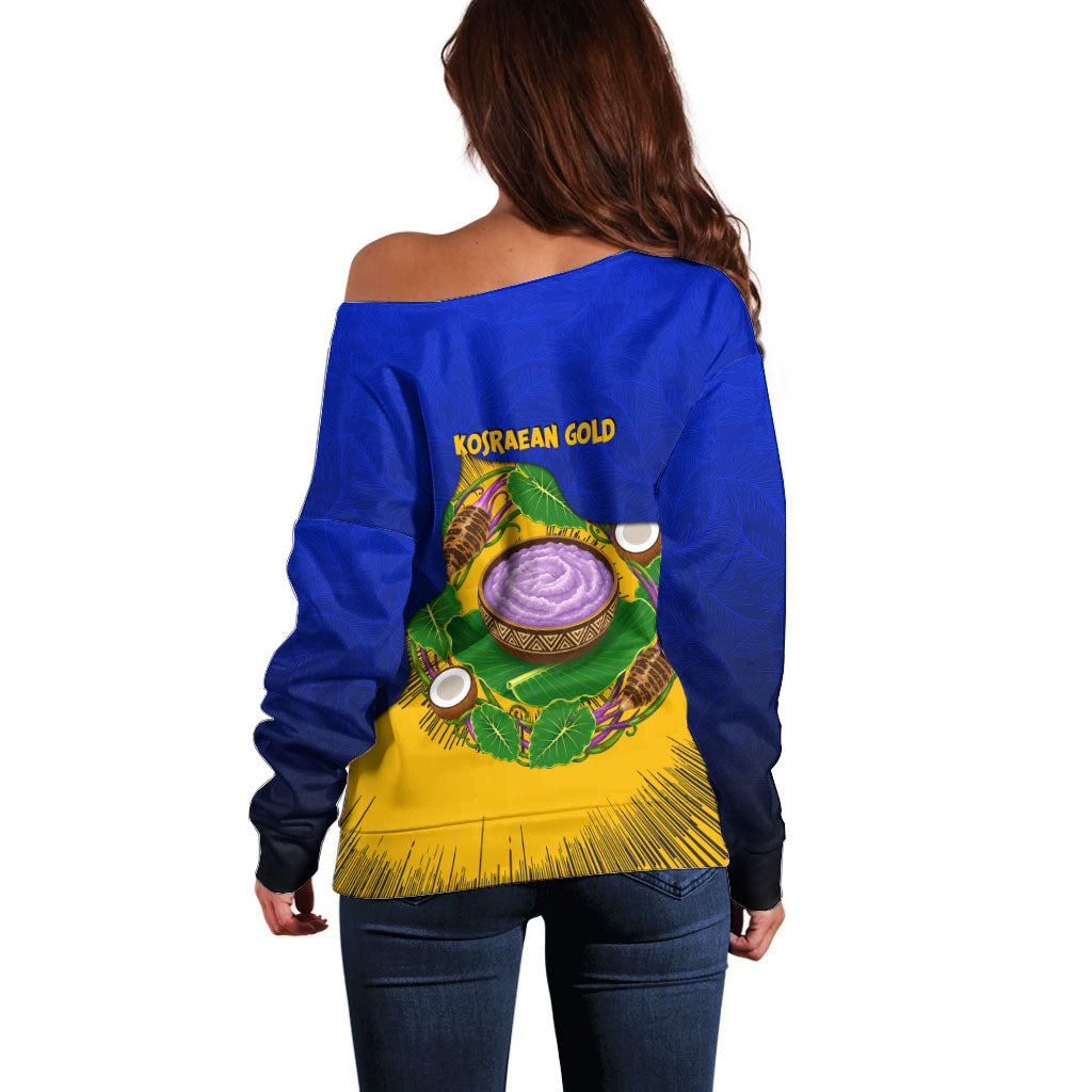 Kosrae Fafa Culinary Heritage Off Shoulder Sweater Kosraean Gold Taro Tradition Illustration With Coconut Leaves TS04 - Polynesian Pride