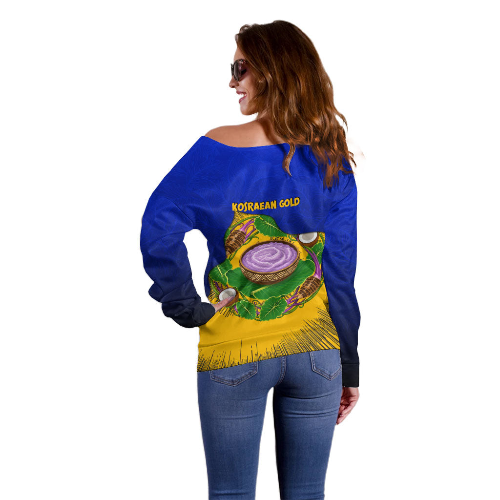 Kosrae Fafa Culinary Heritage Off Shoulder Sweater Kosraean Gold Taro Tradition Illustration With Coconut Leaves TS04 - Polynesian Pride
