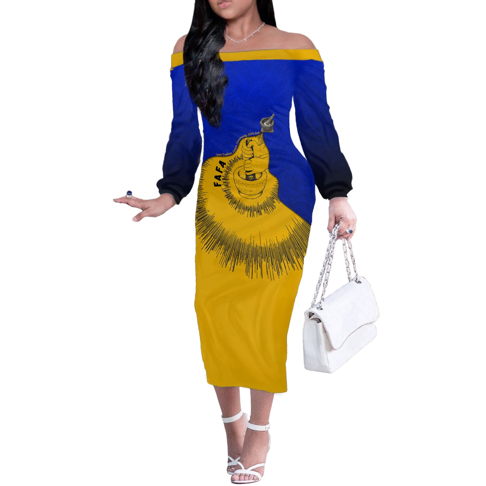 Kosrae Fafa Culinary Heritage Off The Shoulder Long Sleeve Dress Kosraean Gold Taro Tradition Illustration With Coconut Leaves TS04 Women Blue Yellow - Polynesian Pride