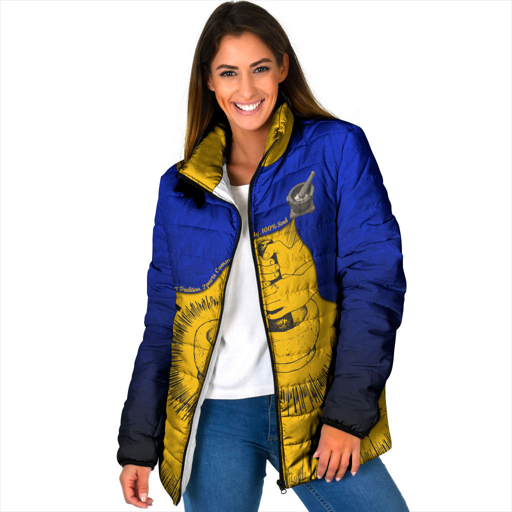 Kosrae Fafa Culinary Heritage Padded Jacket Kosraean Gold Taro Tradition Illustration With Coconut Leaves TS04 Women Blue Yellow - Polynesian Pride