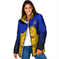 Kosrae Fafa Culinary Heritage Padded Jacket Kosraean Gold Taro Tradition Illustration With Coconut Leaves TS04 Women Blue Yellow - Polynesian Pride