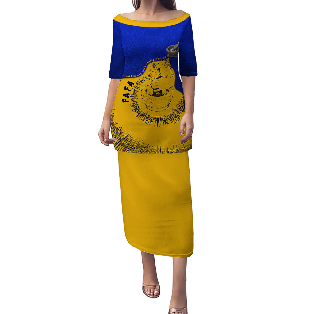 Kosrae Fafa Culinary Heritage Puletasi Kosraean Gold Taro Tradition Illustration With Coconut Leaves TS04 Long Dress Blue Yellow - Polynesian Pride