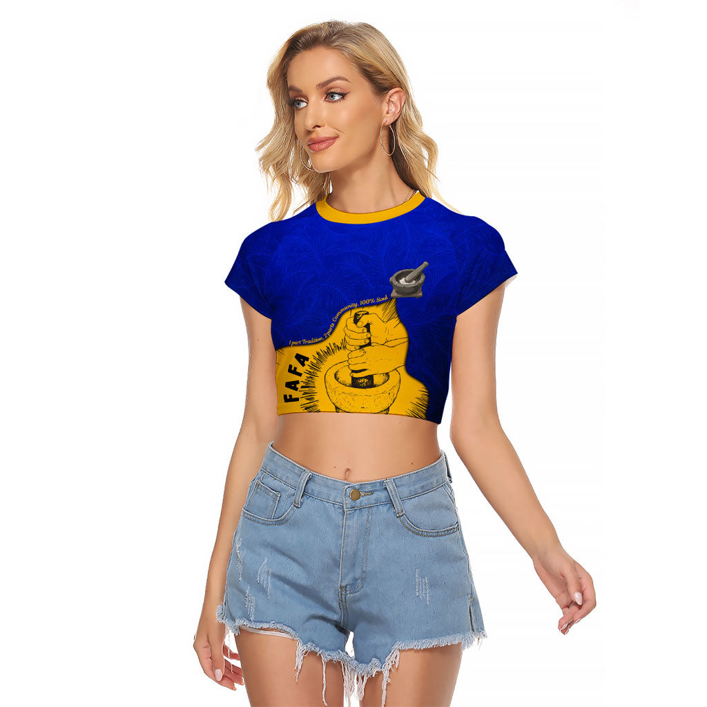 Kosrae Fafa Culinary Heritage Raglan Cropped T Shirt Kosraean Gold Taro Tradition Illustration With Coconut Leaves TS04 Female Blue Yellow - Polynesian Pride