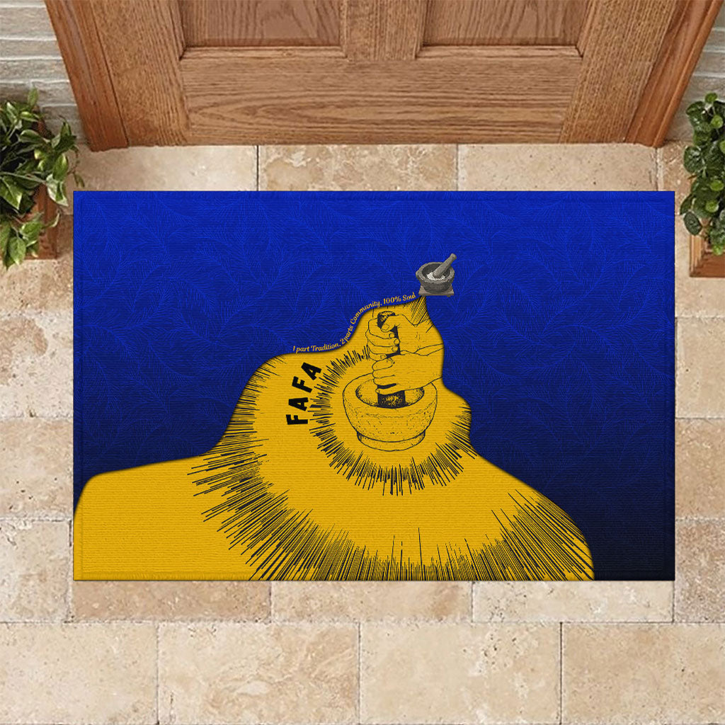 Kosrae Fafa Culinary Heritage Rubber Doormat Kosraean Gold Taro Tradition Illustration With Coconut Leaves TS04 Blue Yellow - Polynesian Pride