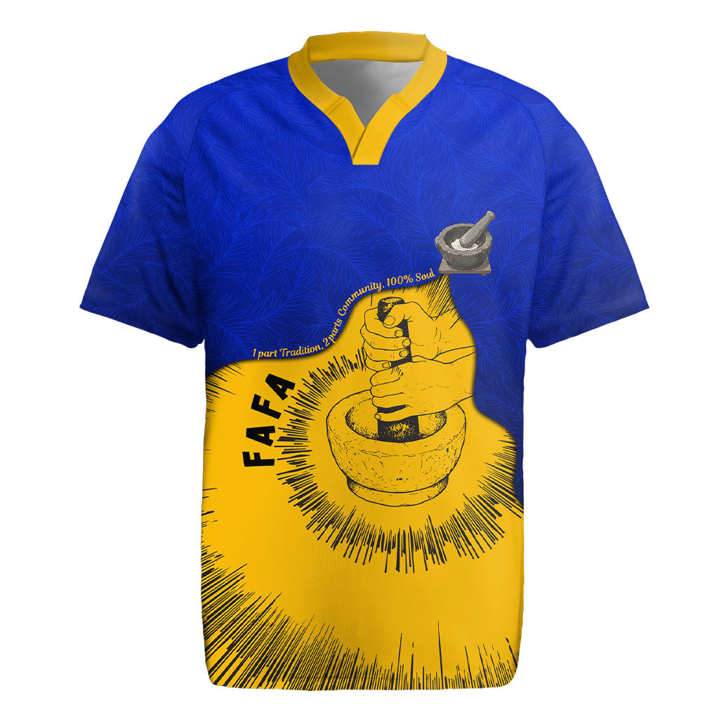 Kosrae Fafa Culinary Heritage Rugby Jersey Kosraean Gold Taro Tradition Illustration With Coconut Leaves TS04 Blue Yellow - Polynesian Pride