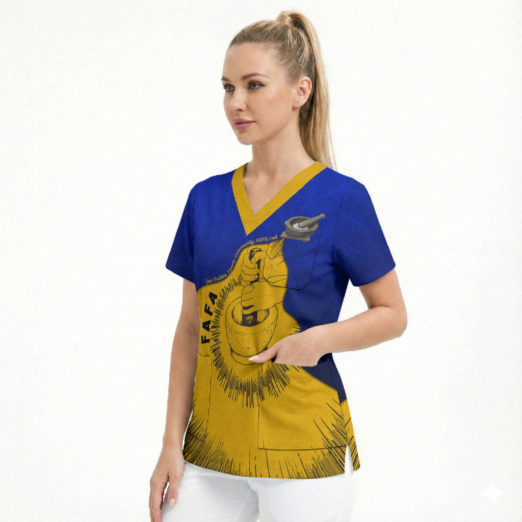 Kosrae Fafa Culinary Heritage Scrub Top Kosraean Gold Taro Tradition Illustration With Coconut Leaves TS04 - Polynesian Pride