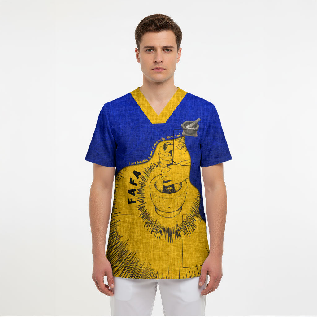 Kosrae Fafa Culinary Heritage Scrub Top Kosraean Gold Taro Tradition Illustration With Coconut Leaves TS04 - Polynesian Pride