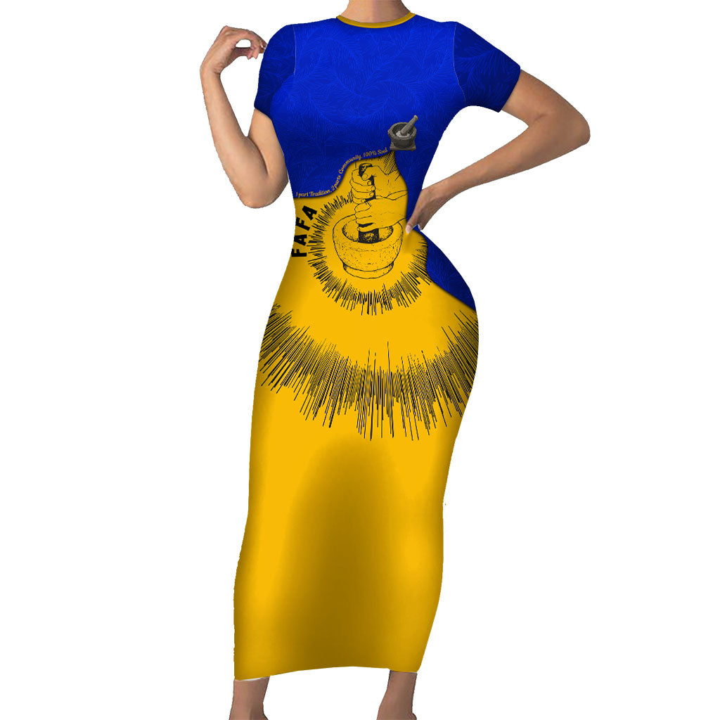 Kosrae Fafa Culinary Heritage Short Sleeve Bodycon Dress Kosraean Gold Taro Tradition Illustration With Coconut Leaves TS04 Long Dress Blue Yellow - Polynesian Pride