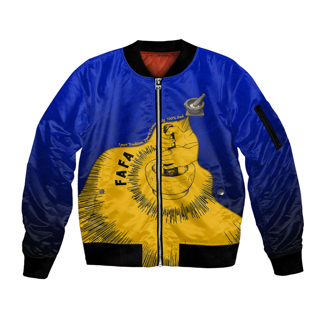 Kosrae Fafa Culinary Heritage Sleeve Zip Bomber Jacket Kosraean Gold Taro Tradition Illustration With Coconut Leaves TS04 Unisex Blue Yellow - Polynesian Pride