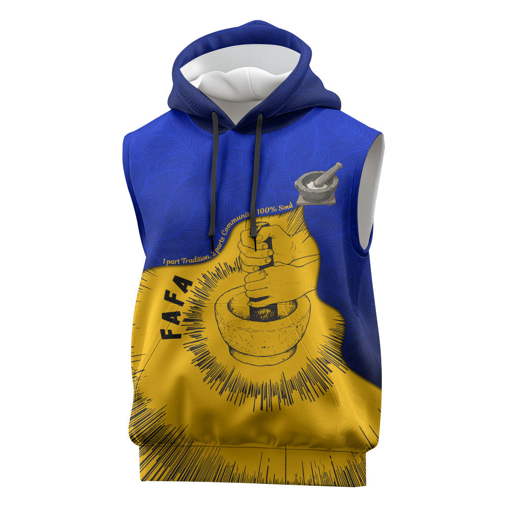 Kosrae Fafa Culinary Heritage Sleeveless Hoodie Kosraean Gold Taro Tradition Illustration With Coconut Leaves TS04 Blue Yellow - Polynesian Pride