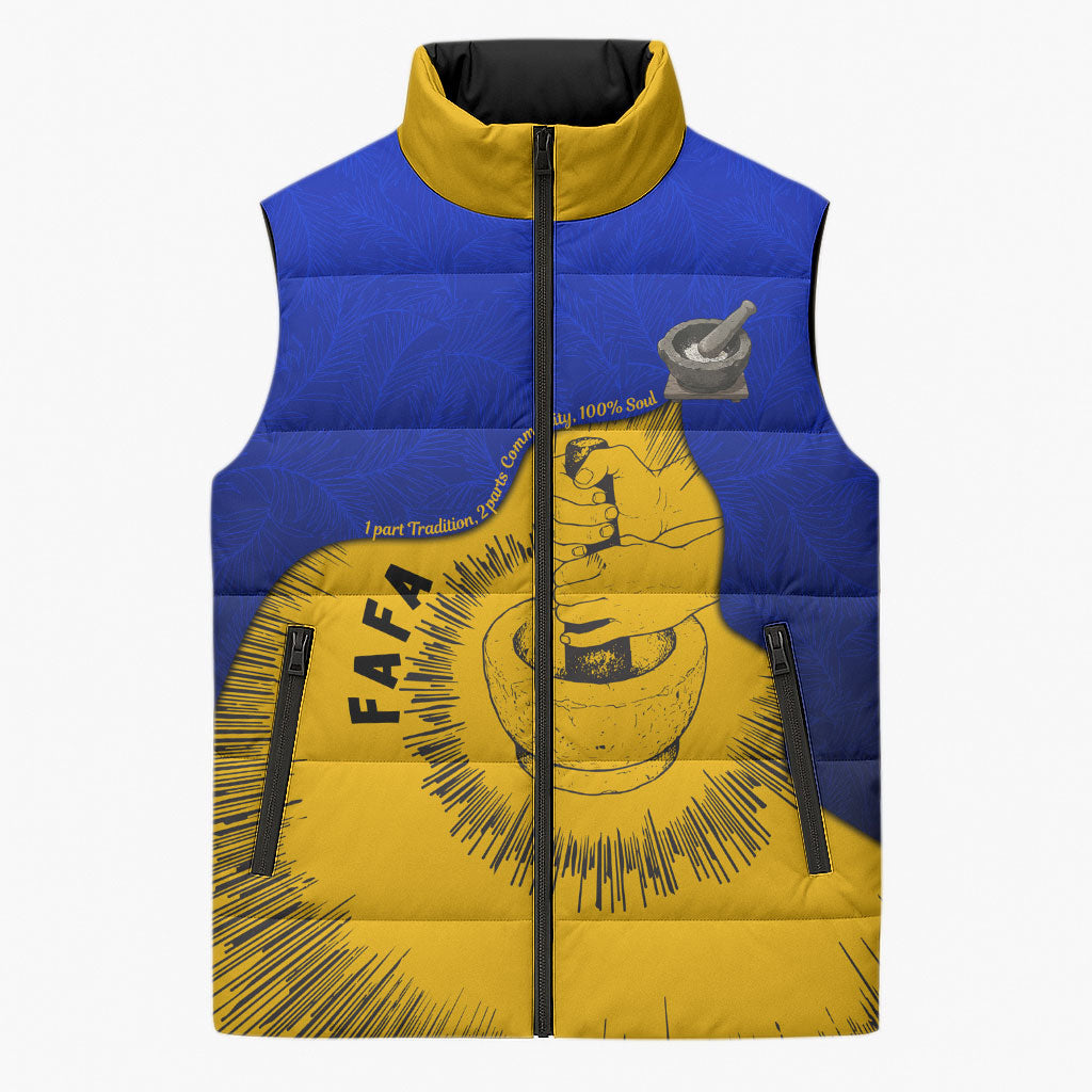 Kosrae Fafa Culinary Heritage Sleeveless Puffer Jacket Kosraean Gold Taro Tradition Illustration With Coconut Leaves TS04 Unisex Blue Yellow - Polynesian Pride