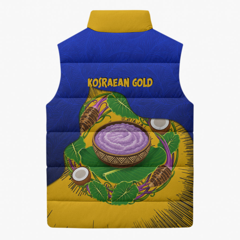 Kosrae Fafa Culinary Heritage Sleeveless Puffer Jacket Kosraean Gold Taro Tradition Illustration With Coconut Leaves TS04 - Polynesian Pride