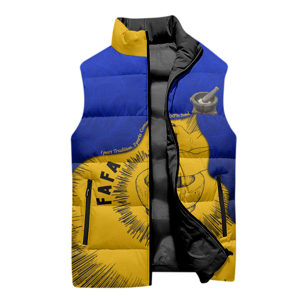 Kosrae Fafa Culinary Heritage Sleeveless Puffer Jacket Kosraean Gold Taro Tradition Illustration With Coconut Leaves TS04 - Polynesian Pride