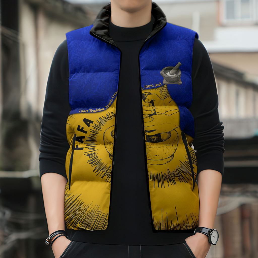 Kosrae Fafa Culinary Heritage Sleeveless Puffer Jacket Kosraean Gold Taro Tradition Illustration With Coconut Leaves TS04 - Polynesian Pride