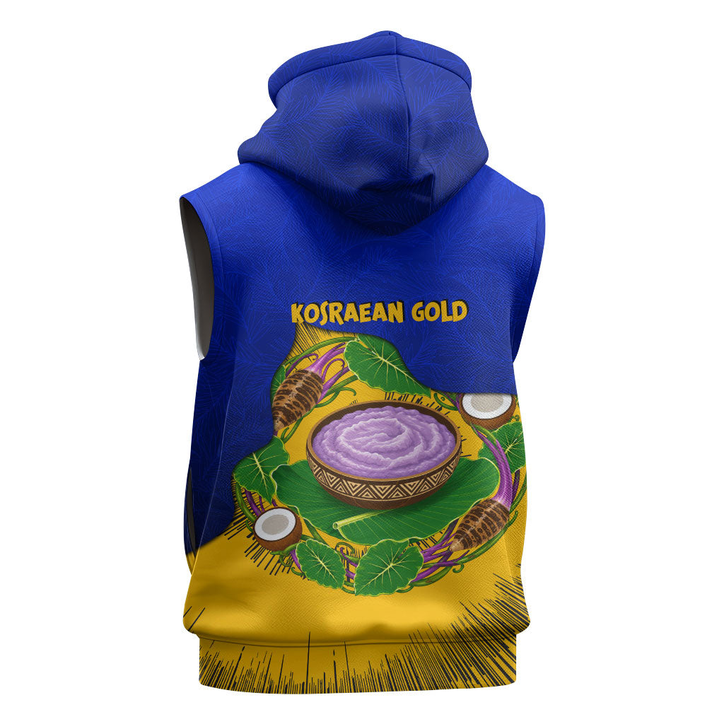Kosrae Fafa Culinary Heritage Sleeveless Zip Hoodie Kosraean Gold Taro Tradition Illustration With Coconut Leaves