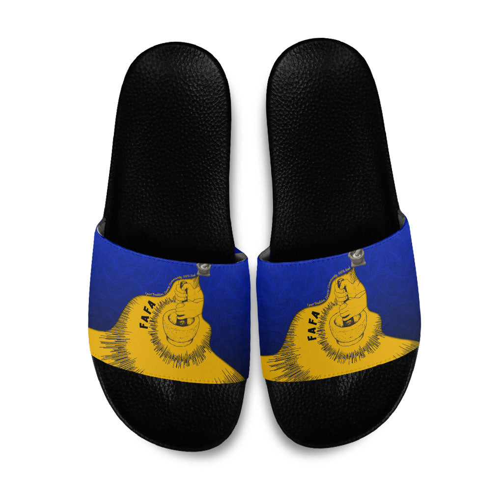 Kosrae Fafa Culinary Heritage Slide Sandals Kosraean Gold Taro Tradition Illustration With Coconut Leaves TS04 Blue Yellow - Polynesian Pride