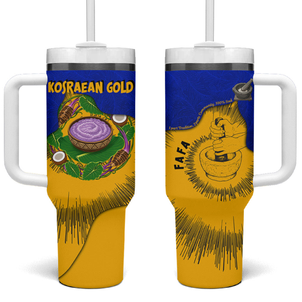 Kosrae Fafa Culinary Heritage Tumbler With Handle Kosraean Gold Taro Tradition Illustration With Coconut Leaves TS04 One Size: 40 oz Blue Yellow - Polynesian Pride