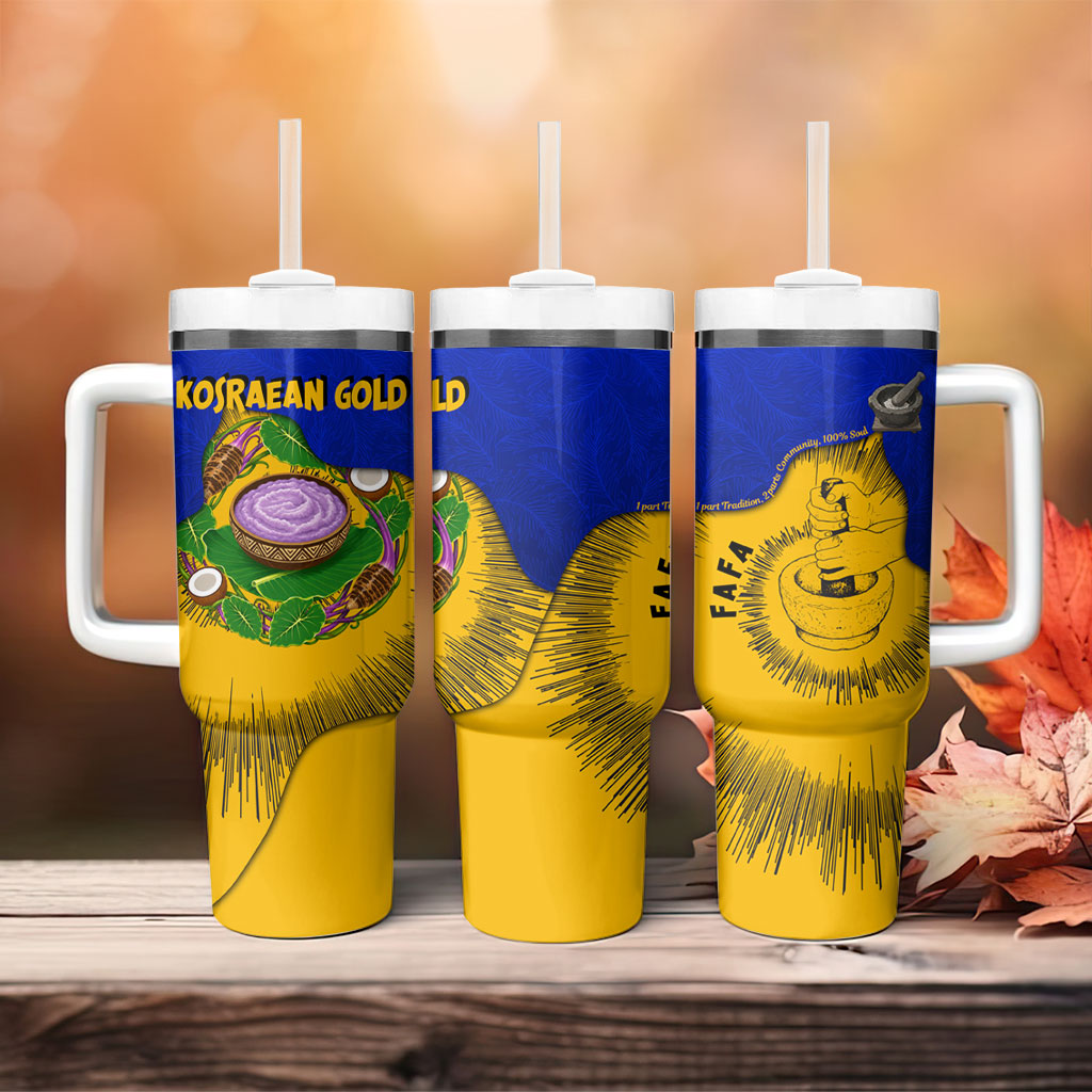 Kosrae Fafa Culinary Heritage Tumbler With Handle Kosraean Gold Taro Tradition Illustration With Coconut Leaves TS04 - Polynesian Pride
