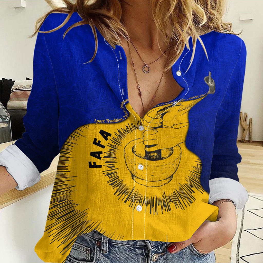 Kosrae Fafa Culinary Heritage Women Casual Shirt Kosraean Gold Taro Tradition Illustration With Coconut Leaves TS04 Female Blue Yellow - Polynesian Pride