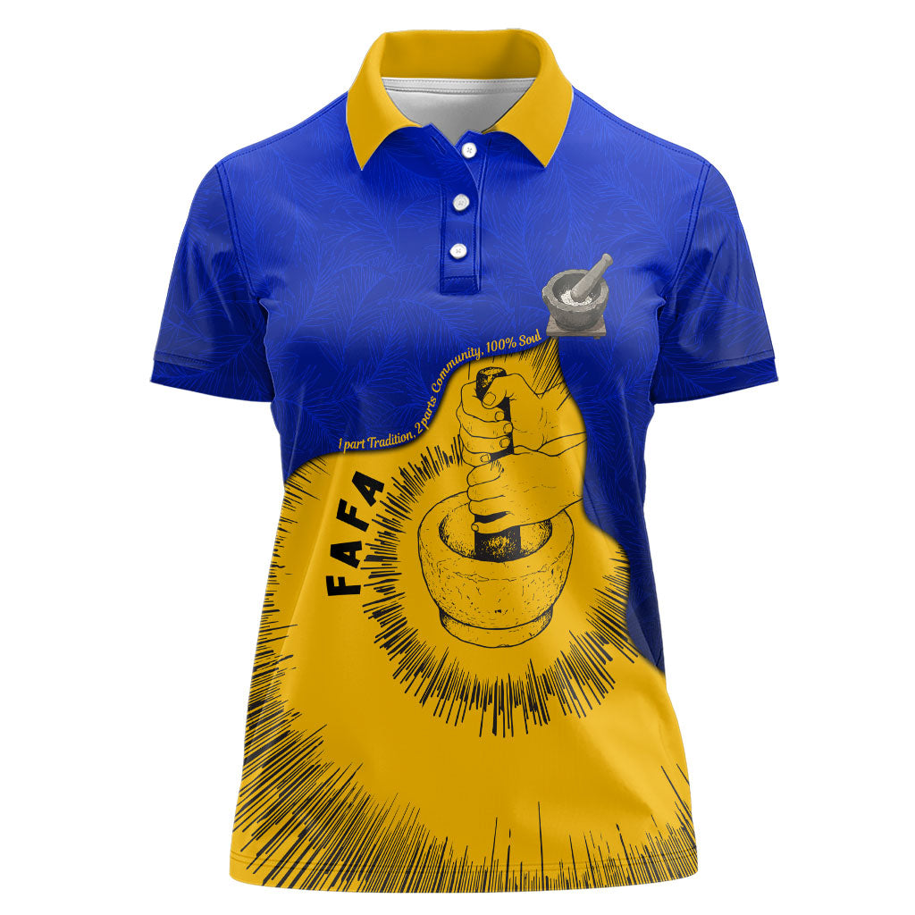 Kosrae Fafa Culinary Heritage Women Polo Shirt Kosraean Gold Taro Tradition Illustration With Coconut Leaves TS04 Female Blue Yellow - Polynesian Pride