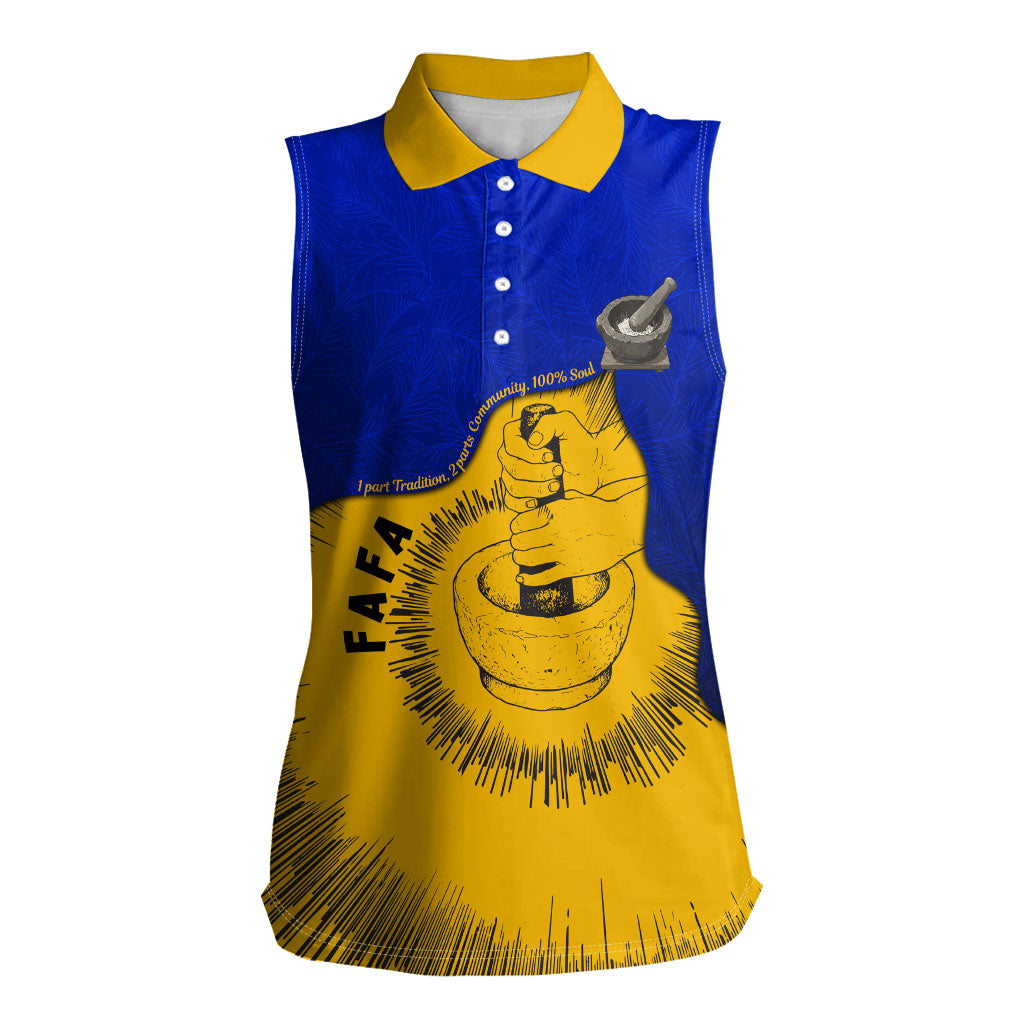 Kosrae Fafa Culinary Heritage Women Sleeveless Polo Shirt Kosraean Gold Taro Tradition Illustration With Coconut Leaves TS04 Female Blue Yellow - Polynesian Pride