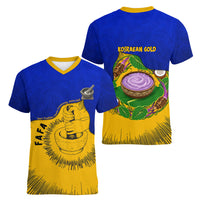 Kosrae Fafa Culinary Heritage Women V-Neck T-Shirt Kosraean Gold Taro Tradition Illustration With Coconut Leaves
