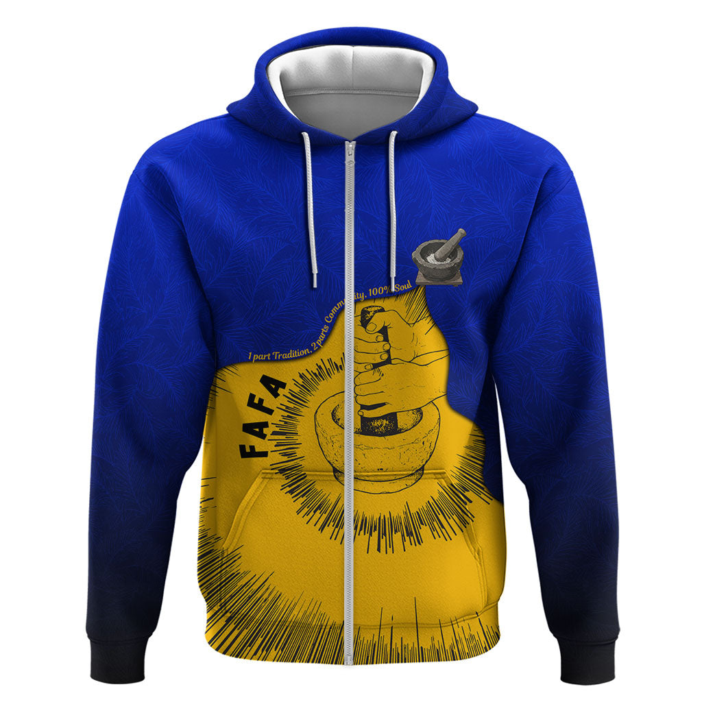 Kosrae Fafa Culinary Heritage Zip Hoodie Kosraean Gold Taro Tradition Illustration With Coconut Leaves TS04 Zip Hoodie Blue Yellow - Polynesian Pride