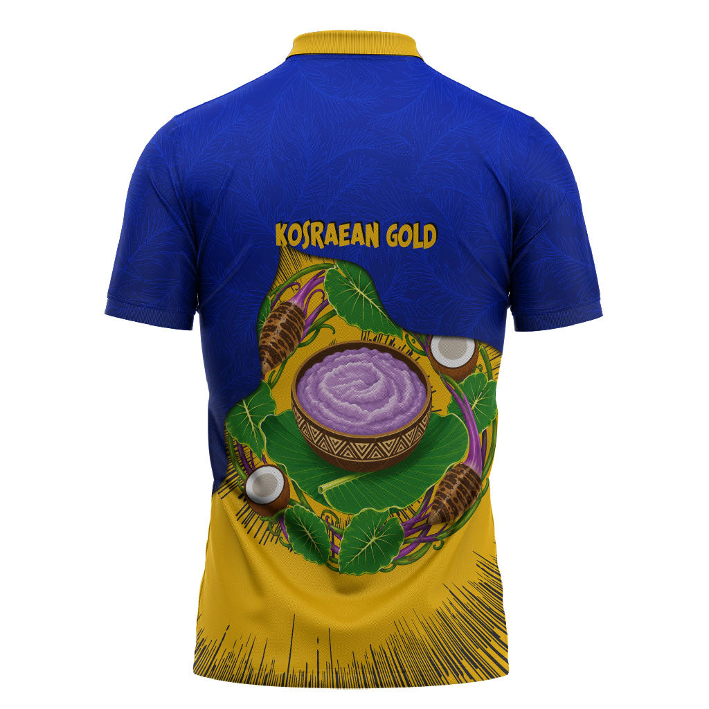 Kosrae Fafa Culinary Heritage Zipper Polo Shirt Kosraean Gold Taro Tradition Illustration With Coconut Leaves