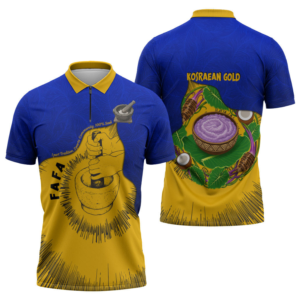 Kosrae Fafa Culinary Heritage Zipper Polo Shirt Kosraean Gold Taro Tradition Illustration With Coconut Leaves