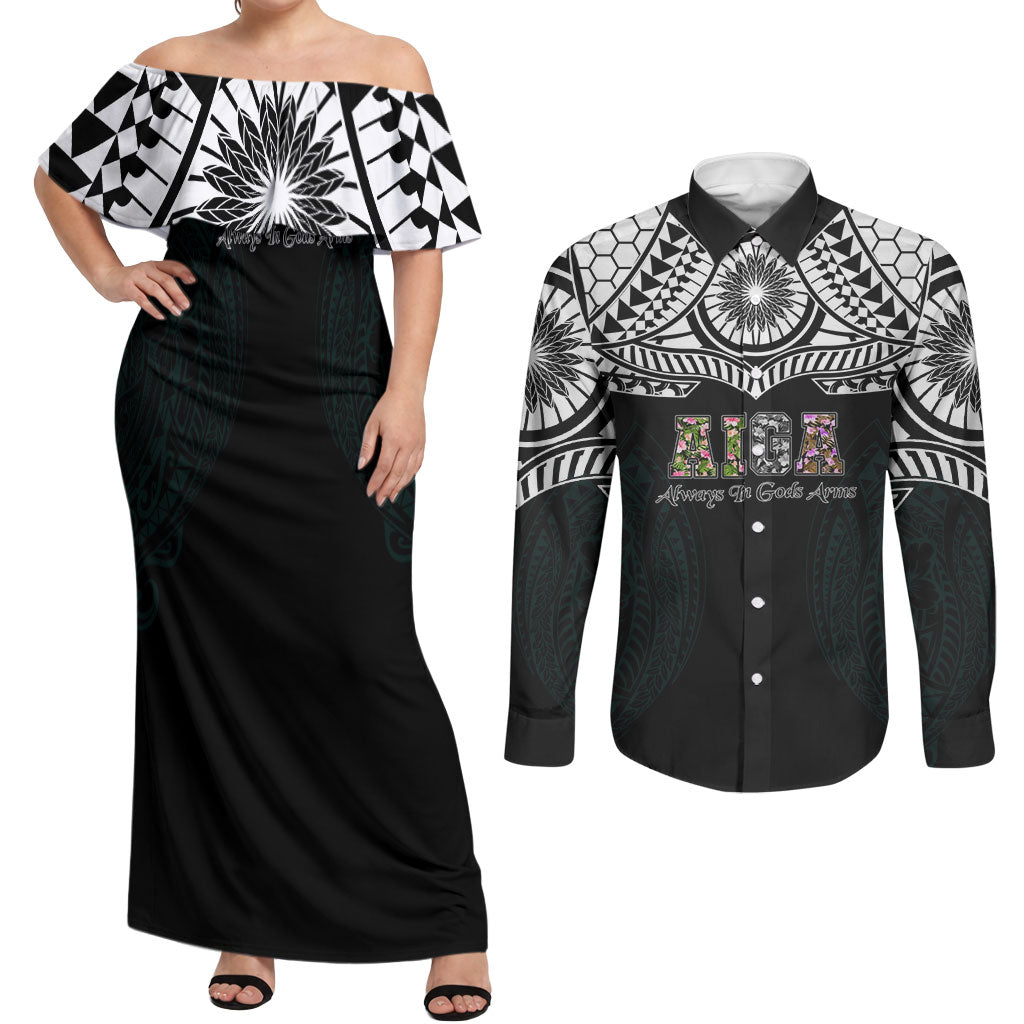 AIGA Always In Gods Arms Samoa Couples Matching Off Shoulder Maxi Dress and Long Sleeve Button Shirt Polynesian Tribal Tattoo Art Family Heritage Faith TS04 Black White - Polynesian Pride