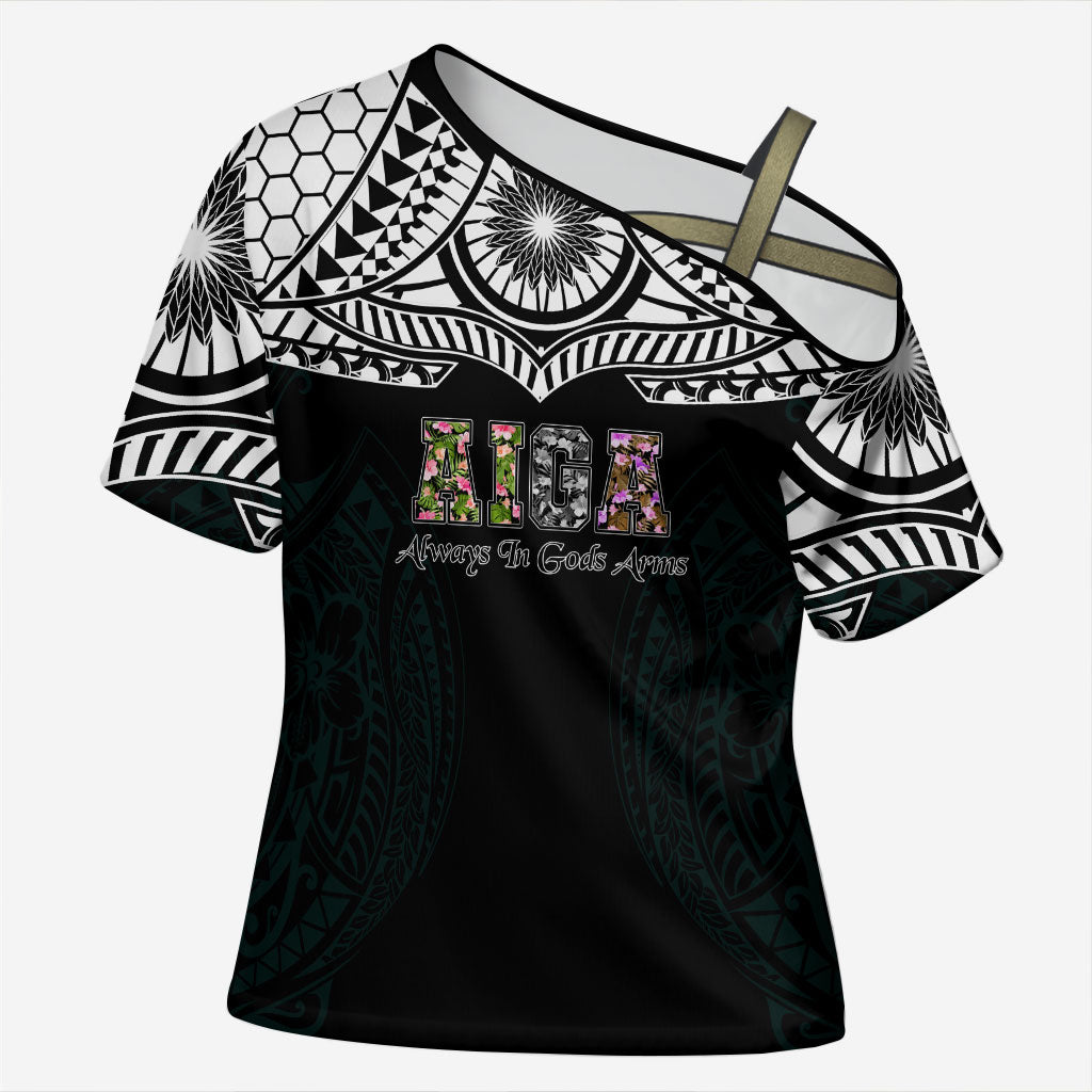 AIGA Always In Gods Arms Samoa Cross Shoulder Shirt Polynesian Tribal Tattoo Art Family Heritage Faith TS04 Female Black White - Polynesian Pride