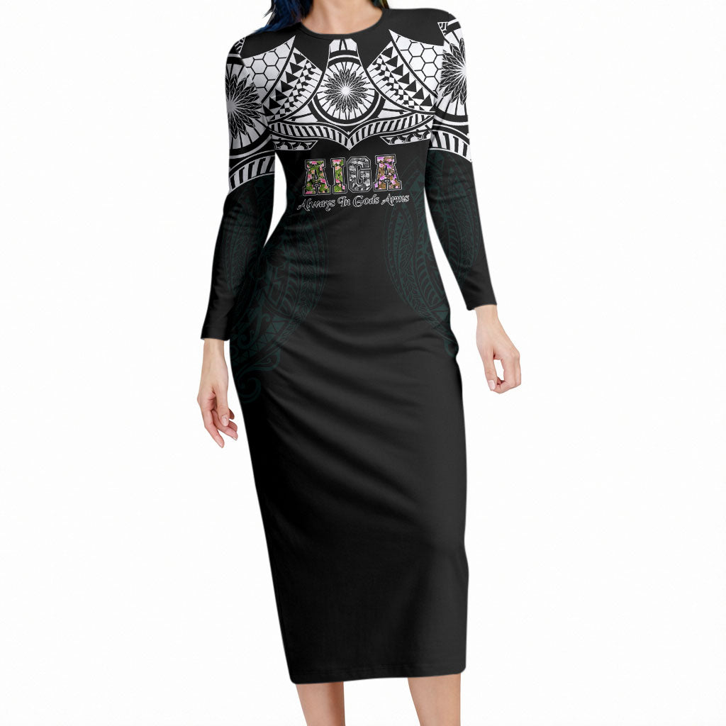 AIGA Always In Gods Arms Samoa Long Sleeve Bodycon Dress Polynesian Tribal Tattoo Art Family Heritage Faith TS04 Long Dress Black White - Polynesian Pride