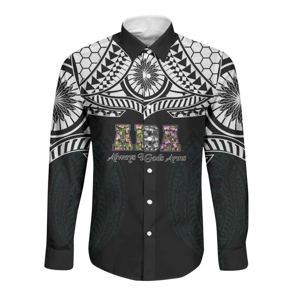 AIGA Always In Gods Arms Samoa Long Sleeve Button Shirt Polynesian Tribal Tattoo Art Family Heritage Faith TS04 Unisex Black White - Polynesian Pride