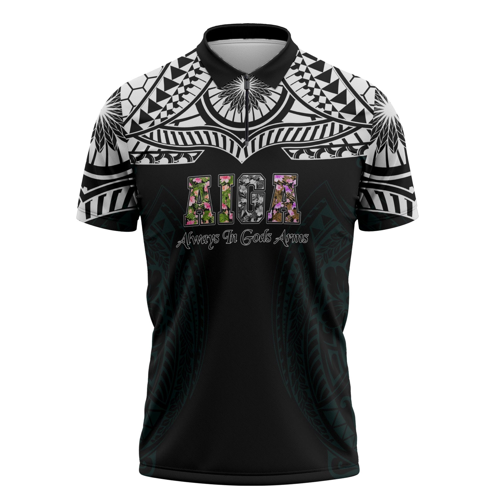 AIGA Always In Gods Arms Samoa Zipper Polo Shirt Polynesian Tribal Tattoo Art Family Heritage Faith TS04 Black White - Polynesian Pride
