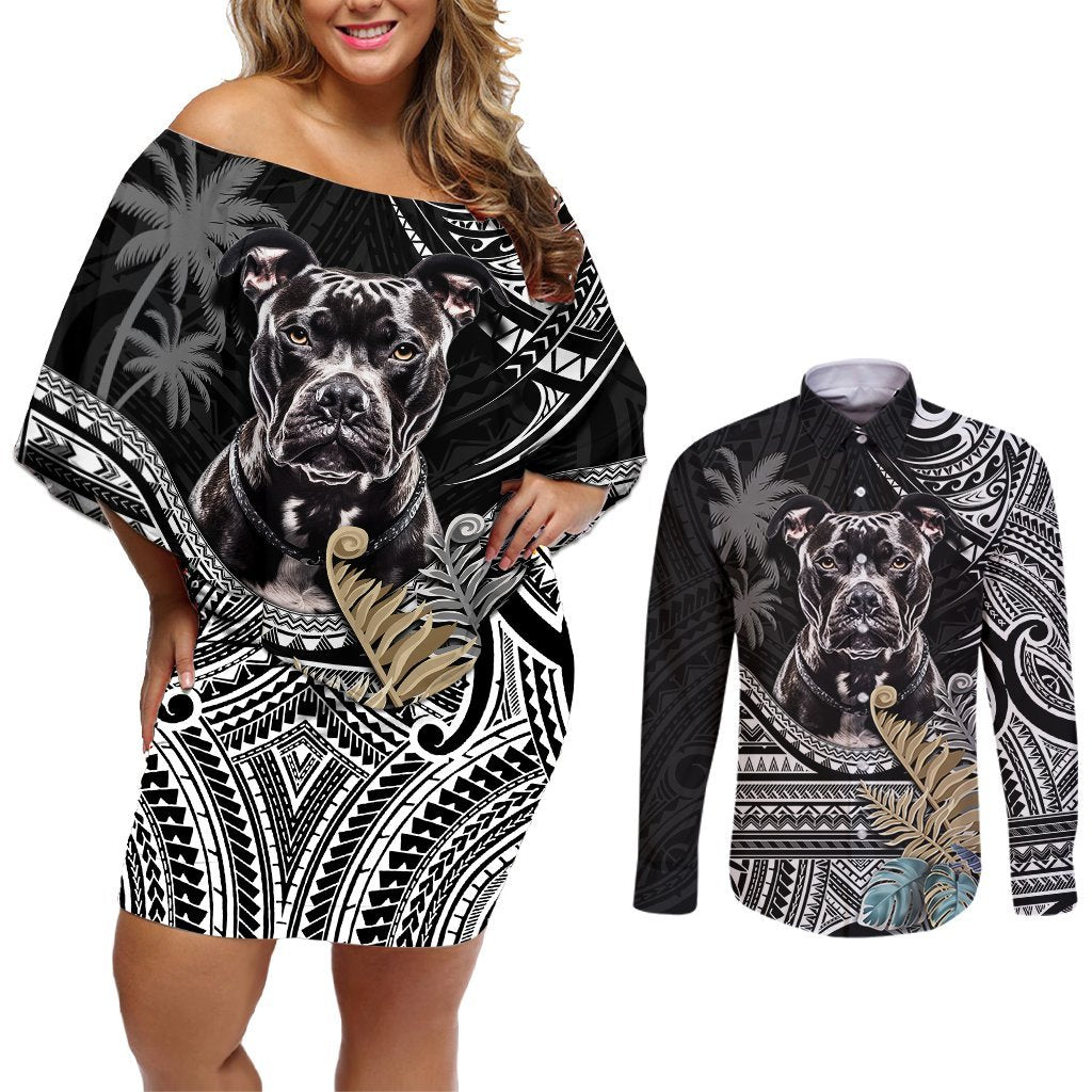 Polynesian Pitbull Couples Matching Off Shoulder Short Dress and Long Sleeve Button Shirts Polynesian Pattern And Pitbull TS04 Black - Polynesian Pride